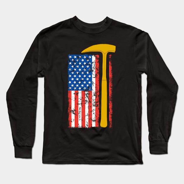 Geologist Rock Pick Hammer - Rockhounding Distressed US Flag Long Sleeve T-Shirt by Laura Rucker